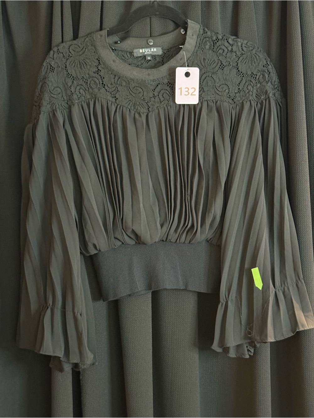 Beulah Olive Lace-Yoke Pleated Chiffon Top